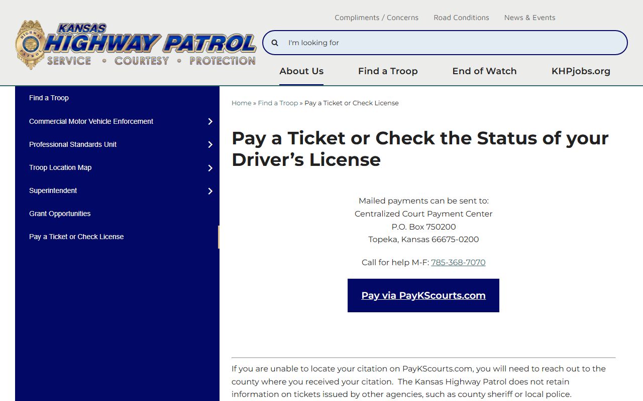 Miami County court dockets Kansas Highway Patrol ticket and license page