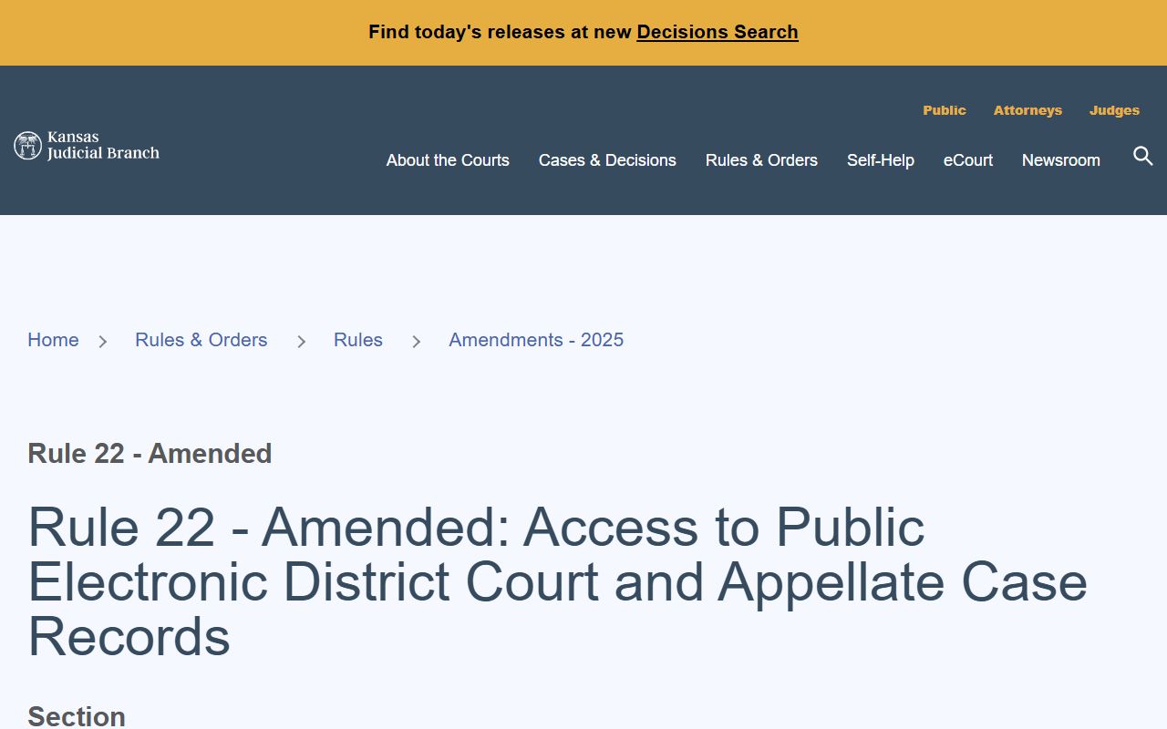 Miami County court records Kansas Rule 22 electronic access page