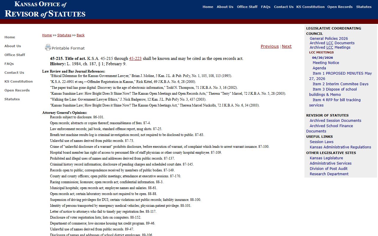 Miami County court records K.S.A. 45-215 open records statute