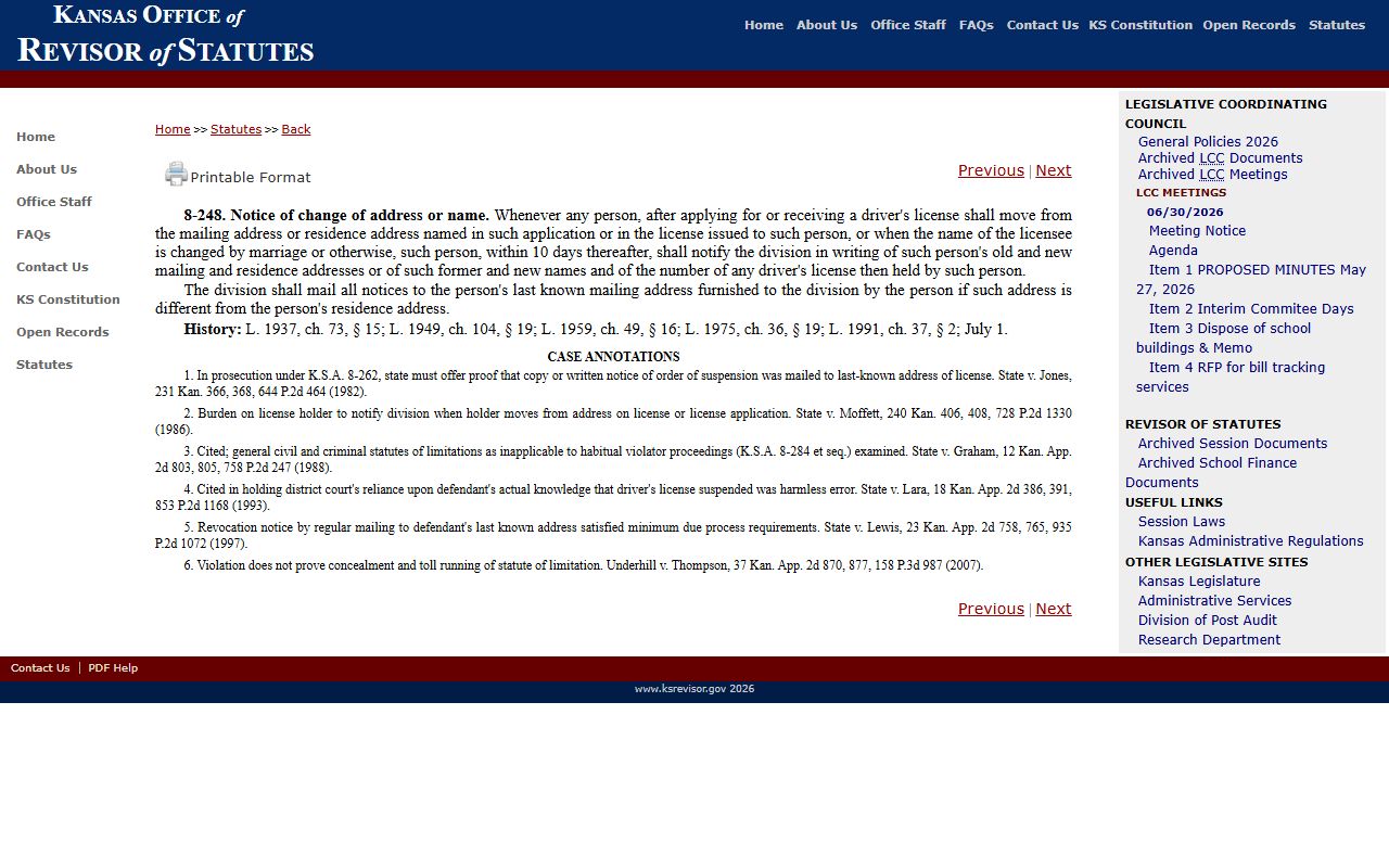 Miami County criminal court records Kansas driver license address change statute