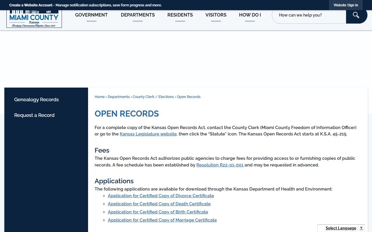 Miami County court records and Kansas open records access page