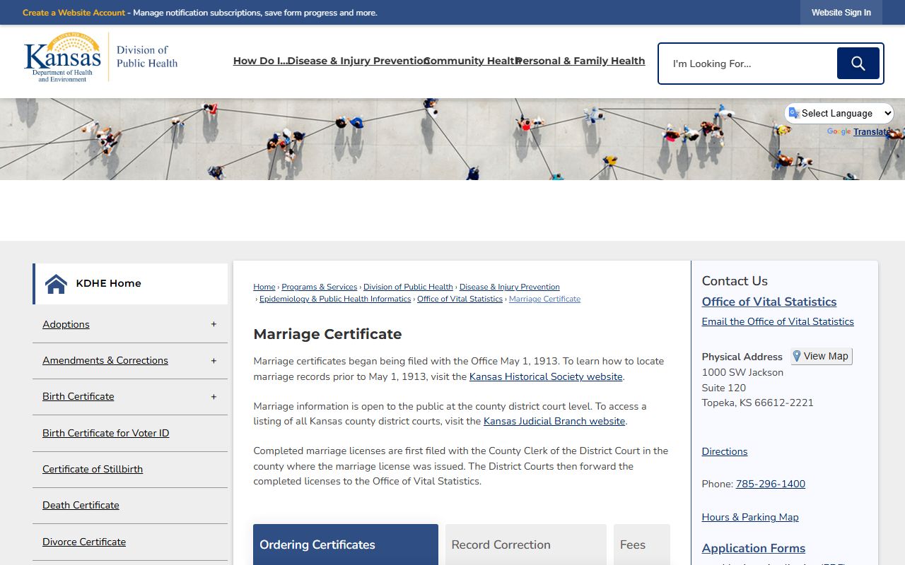 Miami County marriage records KDHE certificate ordering page